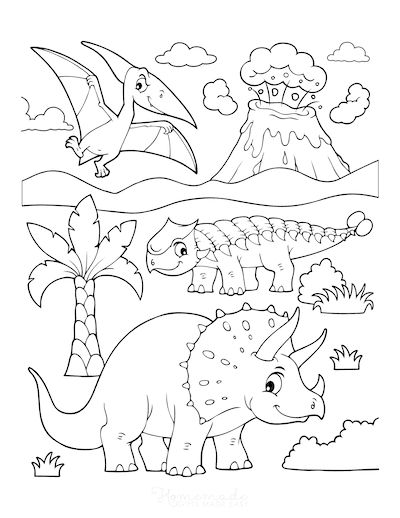 an animal coloring page with dinosaurs and volcanos
