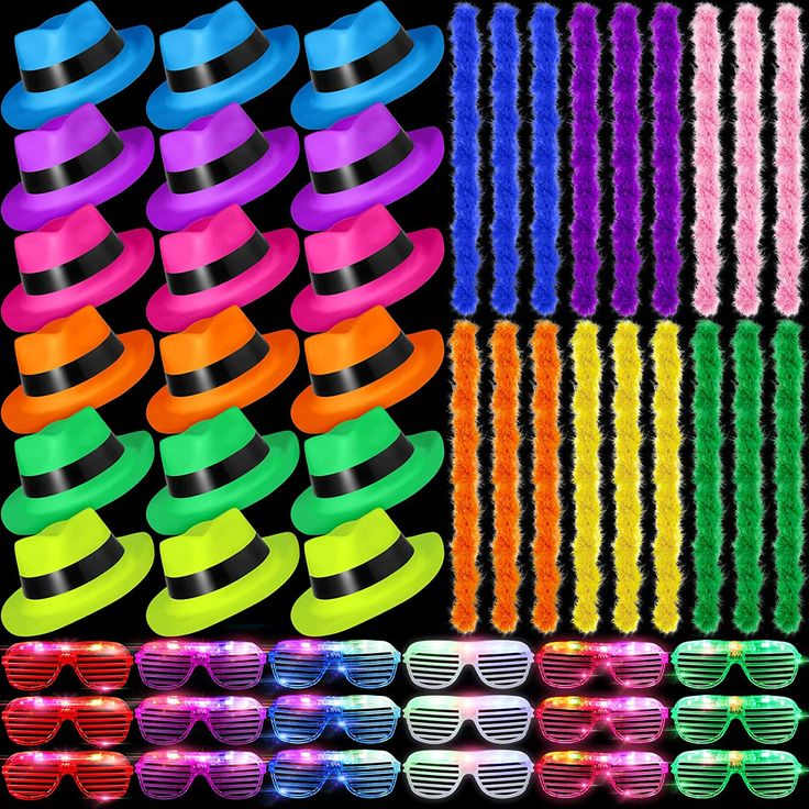 many different colors of glasses and hats