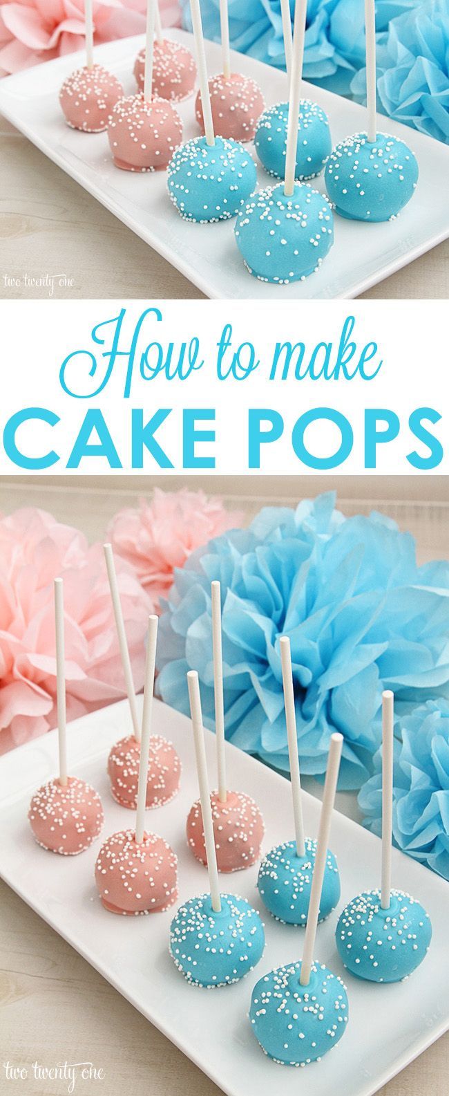 how to make cake pops on a white plate with pink and blue flowers in the background