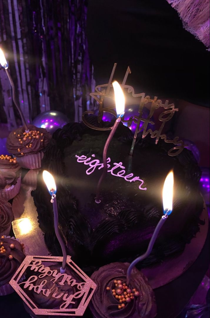 a birthday cake with lit candles on it
