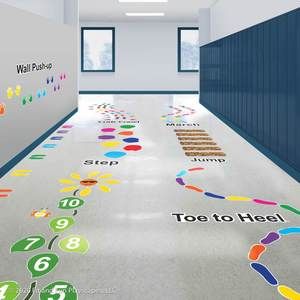 the hallway is decorated with colorful stickers and numbers to help children learn how to read