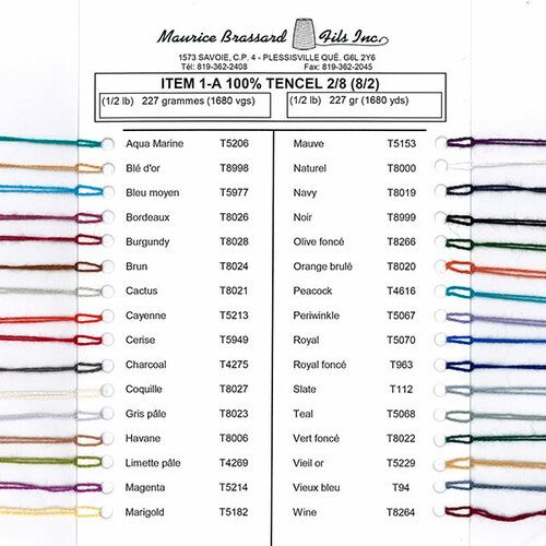 Maurice Brassard Tencel 8/2 Yarn Color Card. The Woolery carries the full line of Maurice Brassard Tencel 8/2 Yarn.