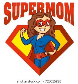 super mom with her hero's cape and the words in red, yellow and blue