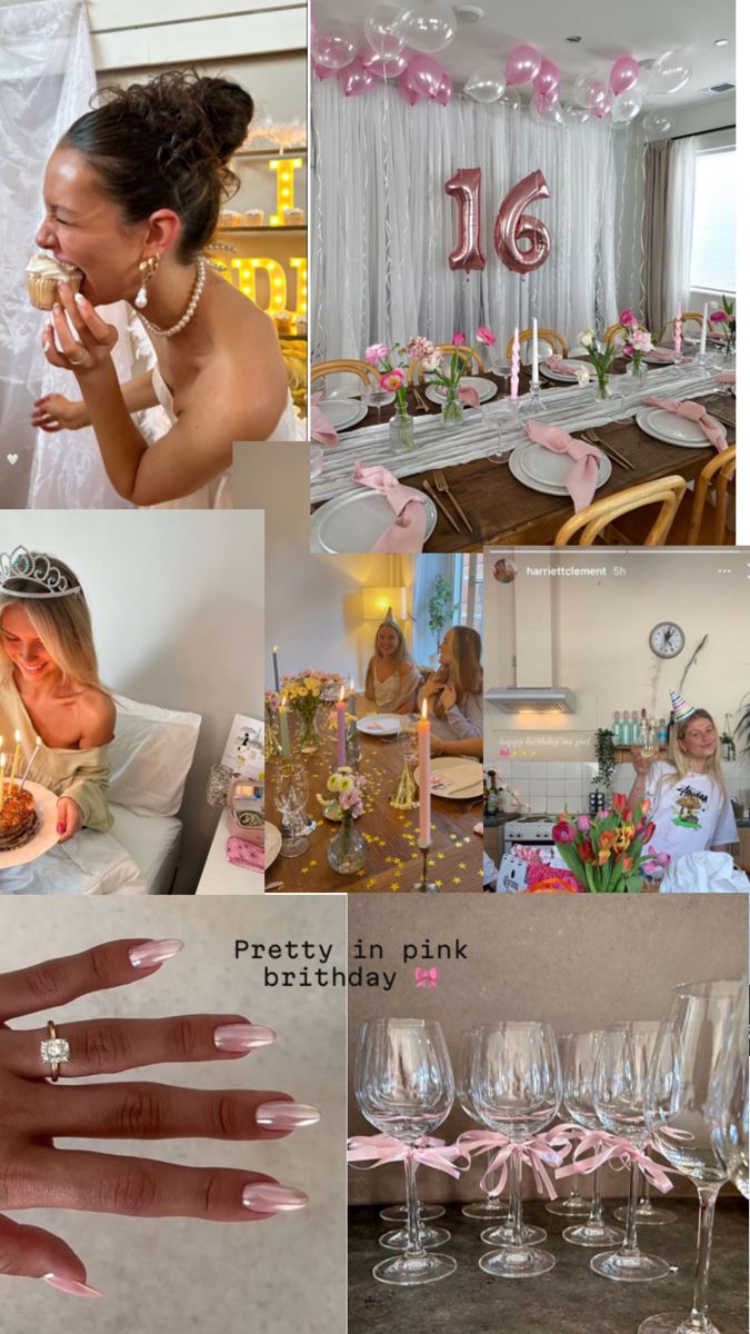 a collage of photos with pink and gold decorations, champagne glasses, people in the background