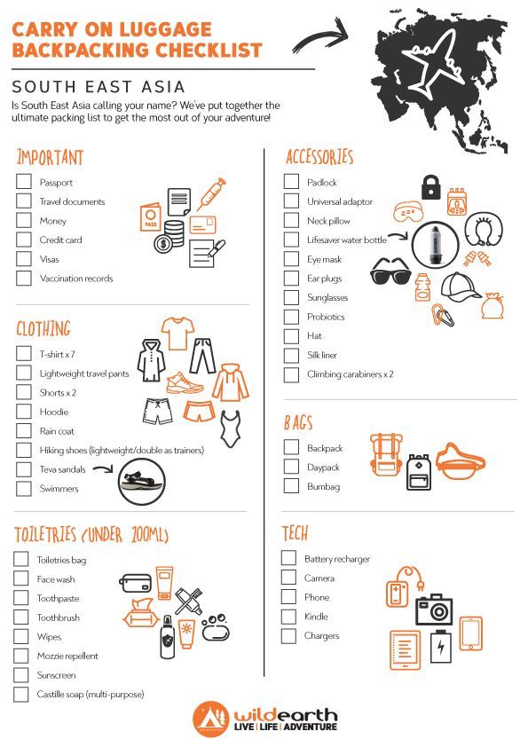 the luggage checklist for south east asia is shown in orange and black, with an arrow