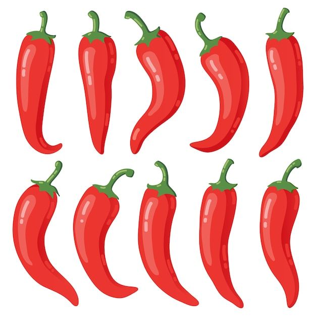 nine red peppers with green tops on a white background