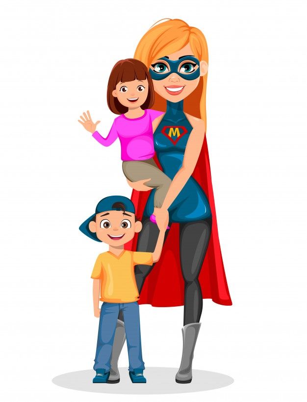 a woman and two children dressed up as superheros, standing next to each other