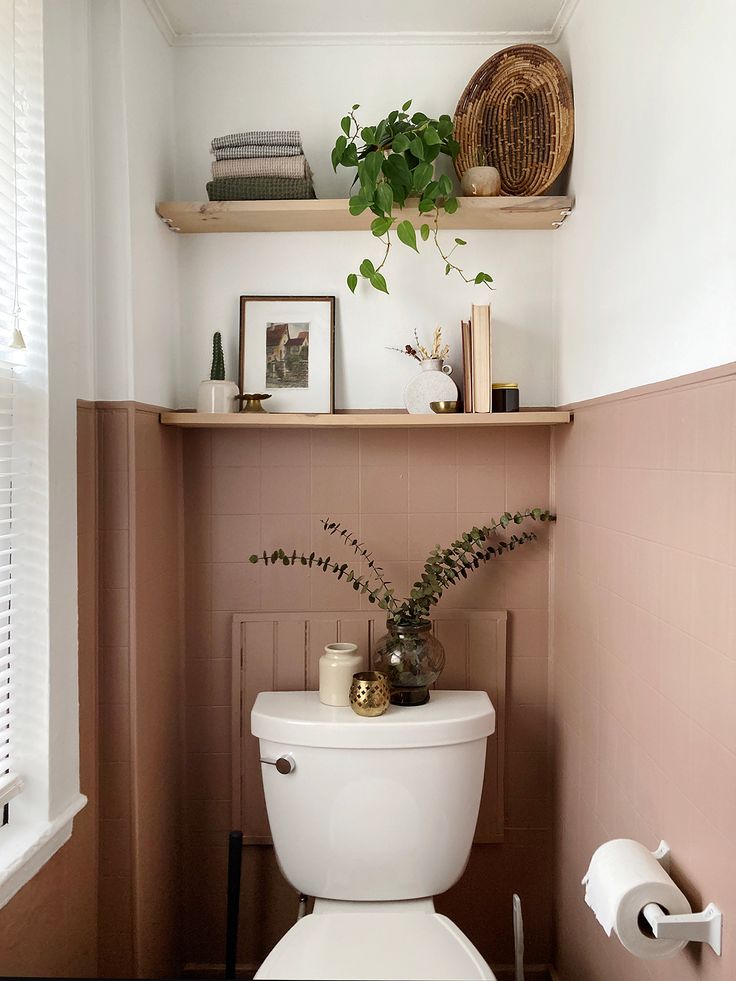 a white toilet sitting in a bathroom next to a wooden shelf filled with books and plants