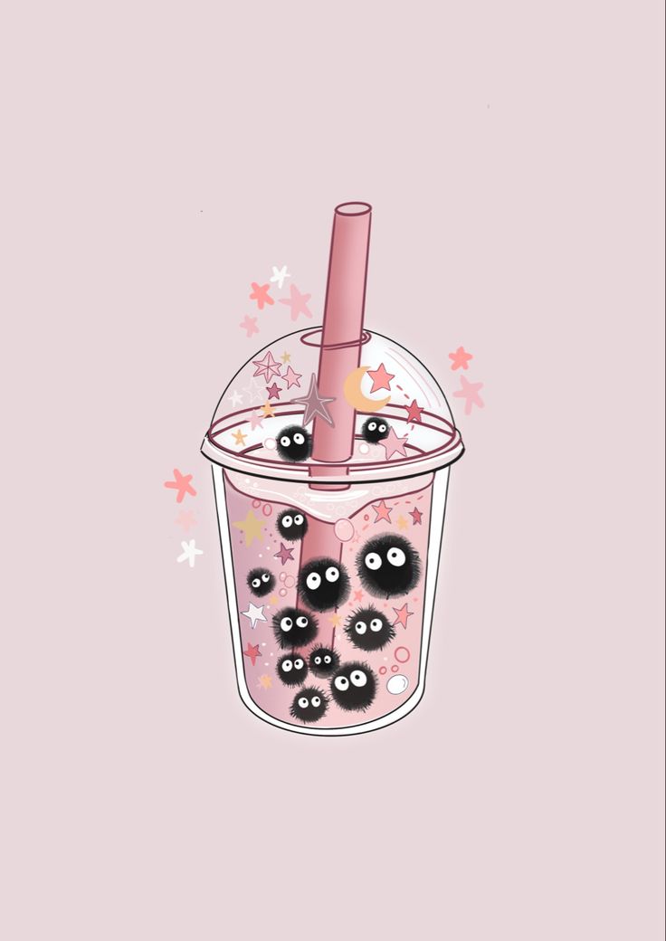 a cup filled with lots of blackberries on top of a pink background and surrounded by stars