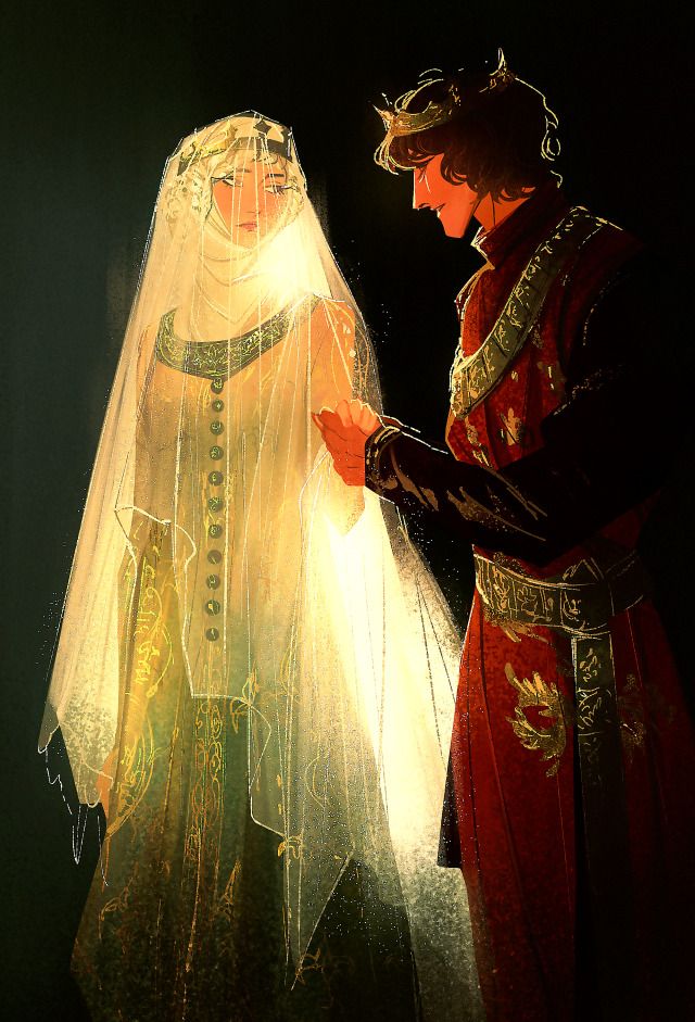 a painting of two people dressed up in wedding attire, one holding the other's hand