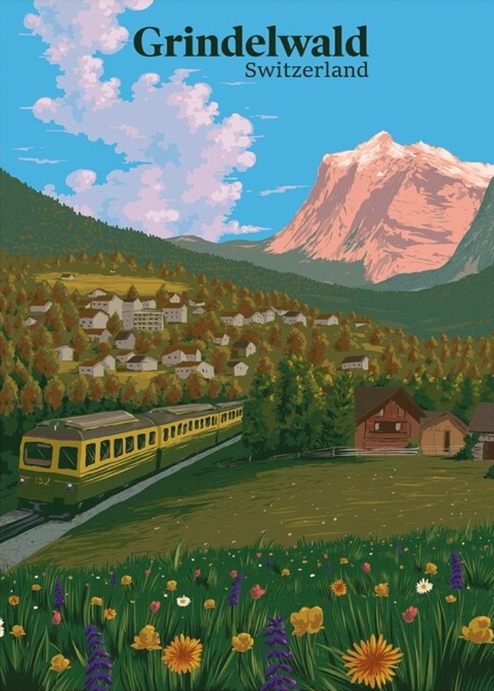 a train traveling through a lush green countryside next to a mountain covered in snow capped mountains