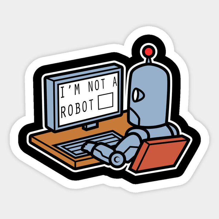 a robot sitting in front of a laptop with the words i'm not a robot on it