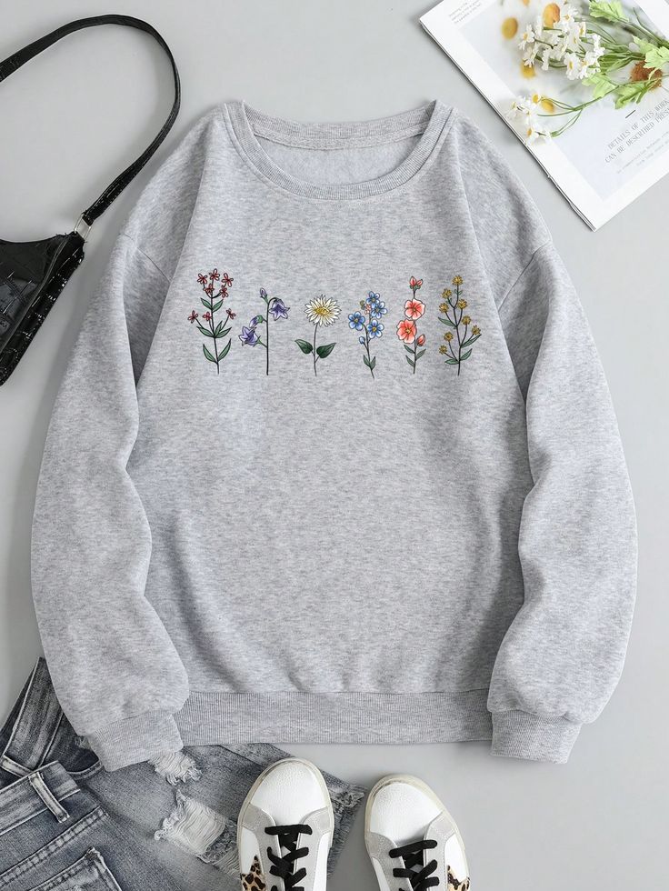 Grey Casual Collar Long Sleeve Fabric Floral Pullovers Embellished Slight Stretch  Women Clothing Manche, Embroidered Shirts For Women, Hand Embroidered Shirts, Clothes Embroidery Diy, Embroidered Shirts, Floral Pullover, Women Sweatshirts, Embroidery On Clothes, Easy Trendy Outfits