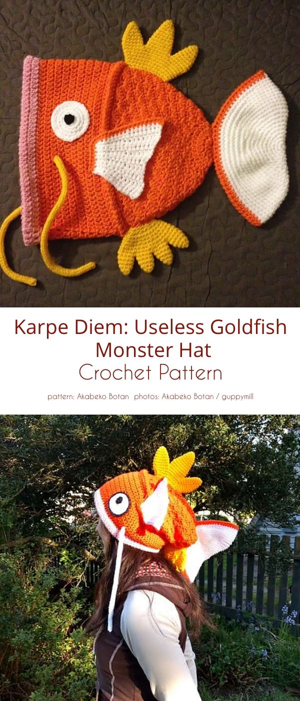 a woman wearing a knitted hat with an orange fish on it and the words kappe dein uses goldfish monster hat