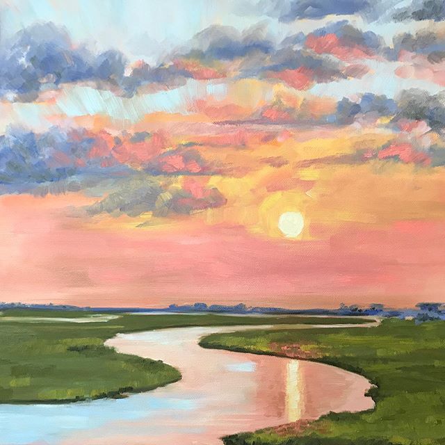 an oil painting of a sunset over a river