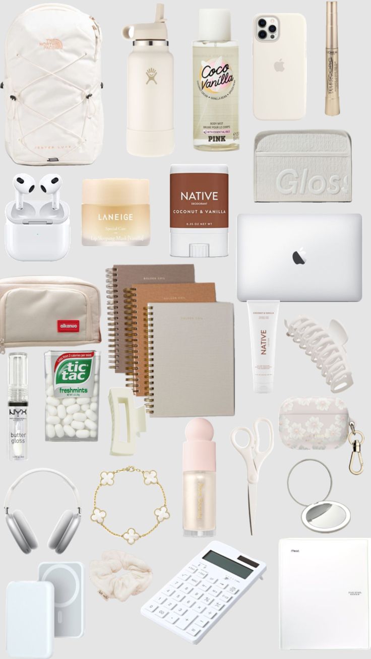 an assortment of personal items displayed on a white background