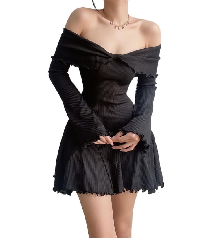 Concert Black Outfit Orchestra, Dark Feminine Clothes, Cute Semi Formal Outfits, Butterfly Sleeve Dress, Y2k Dress, Flare Long Sleeve, Mini Robes, Ribbed Dresses, Grunge Style