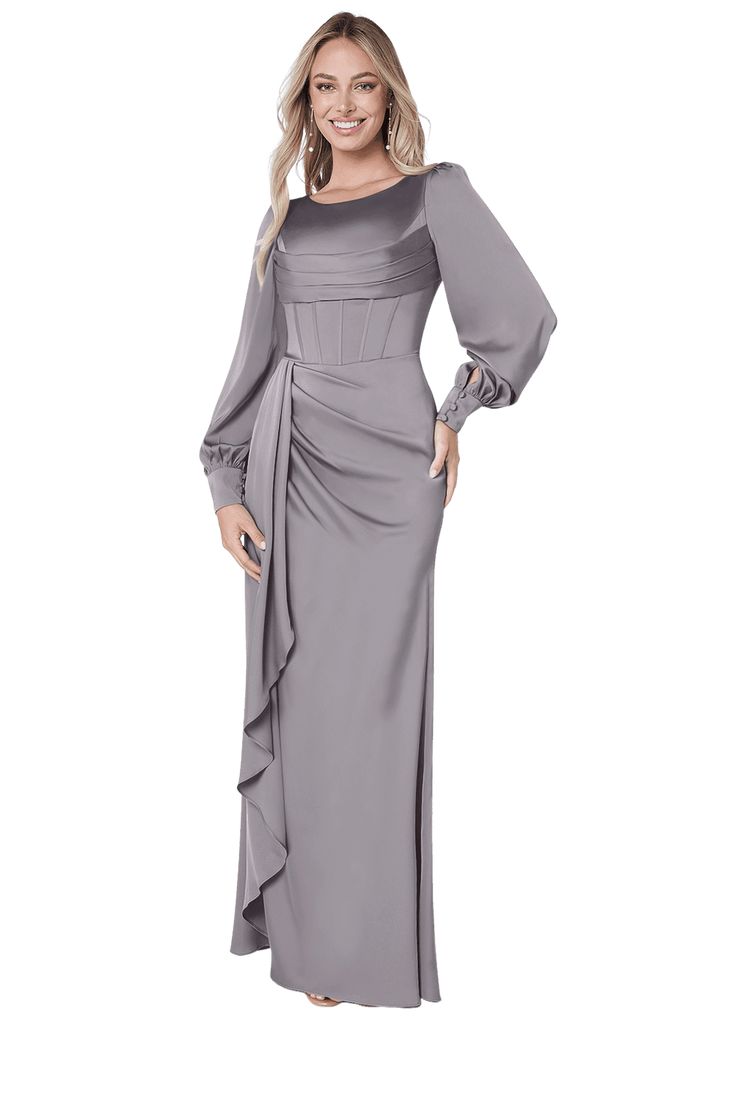 a woman wearing a long grey dress
