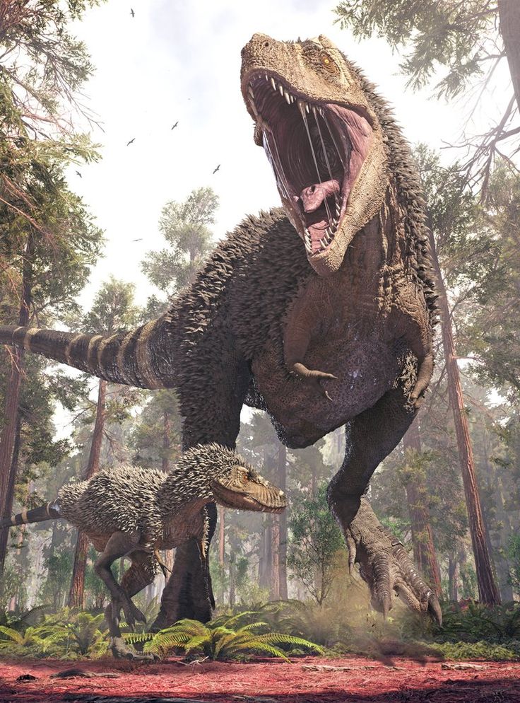 an artist's rendering of two dinosaurs attacking each other in a forest with trees