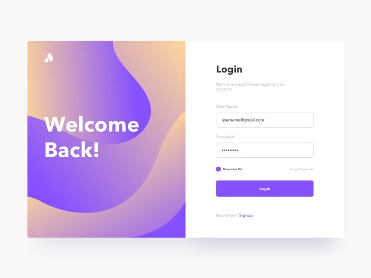 a login form with the words welcome back in white and purple colors on it