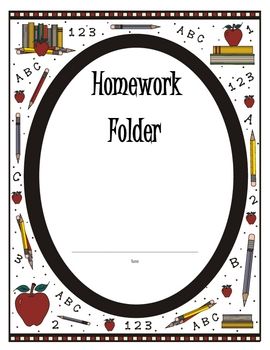 homework folder with an apple, pencils and books on the front cover that says homework folder