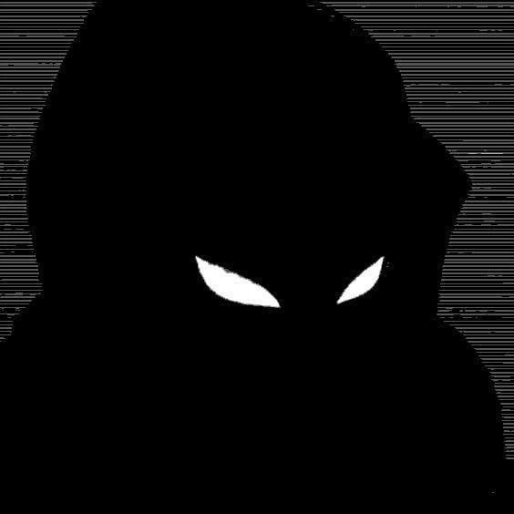 the silhouette of a person with white eyes and a black hooded jacket over their head