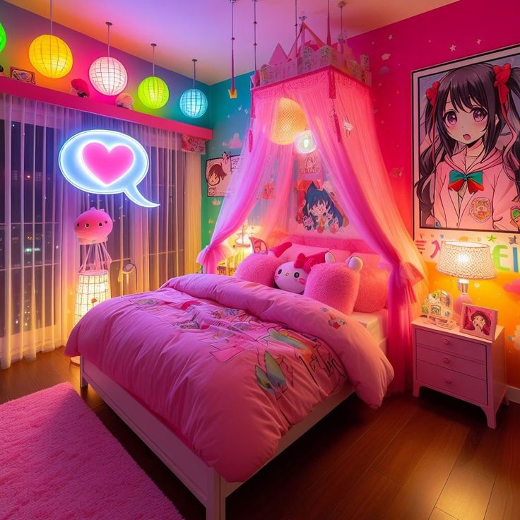 a bedroom decorated in pink and green with lights on the ceiling, bed canopy over headboard