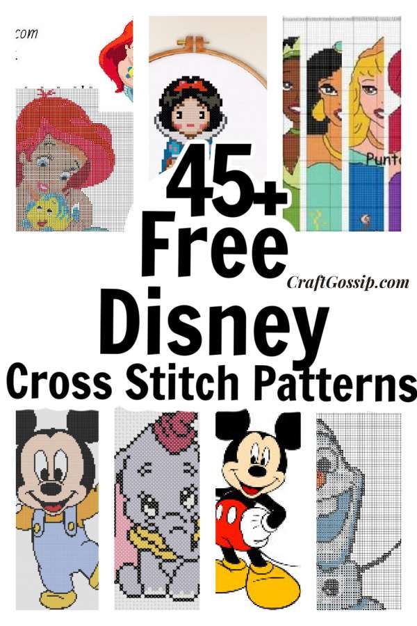 cross stitch patterns for disney characters with the title, 45 free disney cross stitch patterns