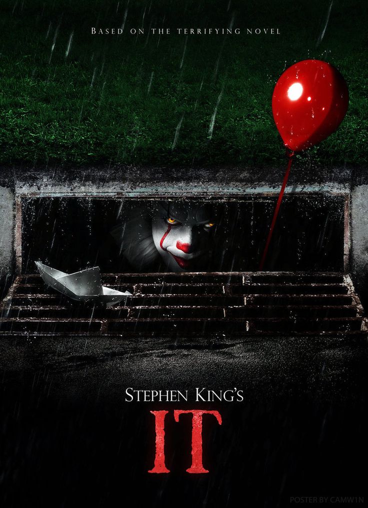 stephen king's it movie poster with a red balloon in the rain and an evil clown