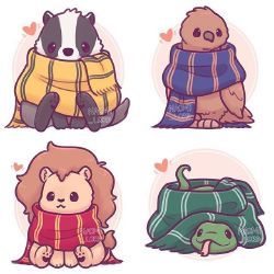 four cartoon animals with scarves and blankets on their backs, all wearing sweaters