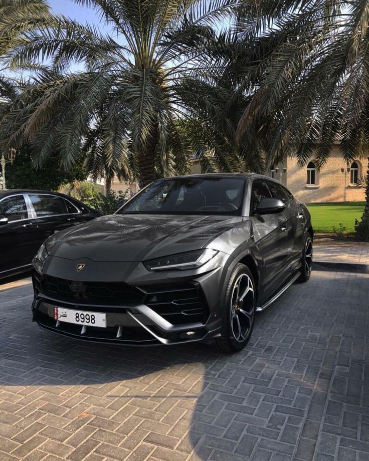 a grey car parked in front of some palm trees