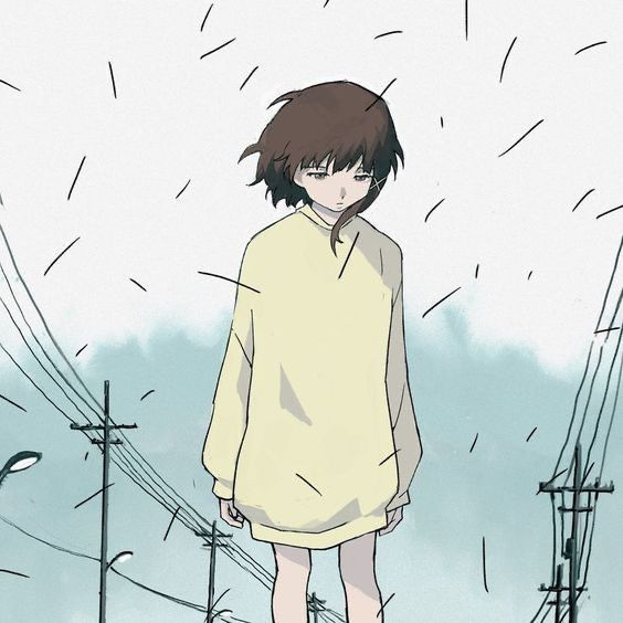 an anime character standing in the middle of a street with power lines and telephone poles