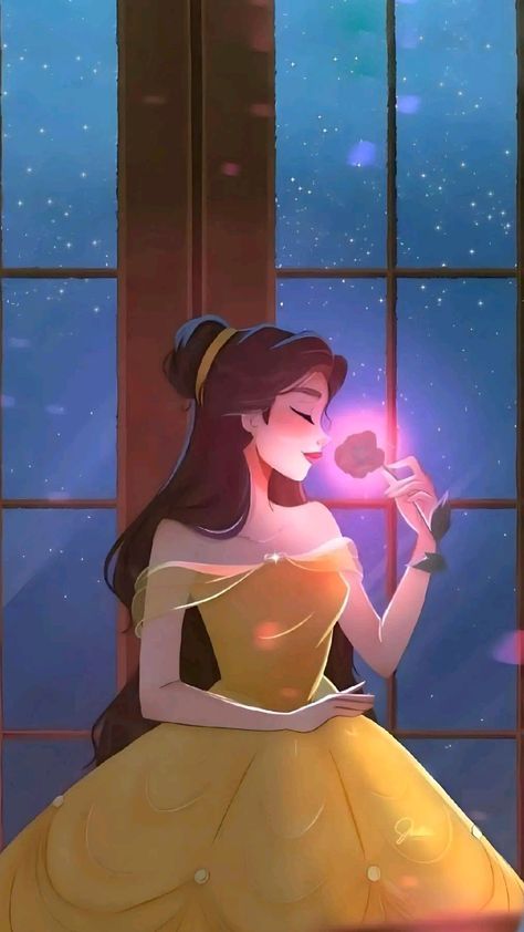 a woman in a yellow dress is looking out the window at snowflakes and stars