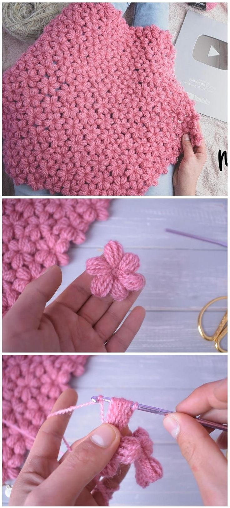 crochet flowers are being used to make a flower for a hat or scarf