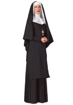 the nun costume is shown in black and has a white cross on it's chest