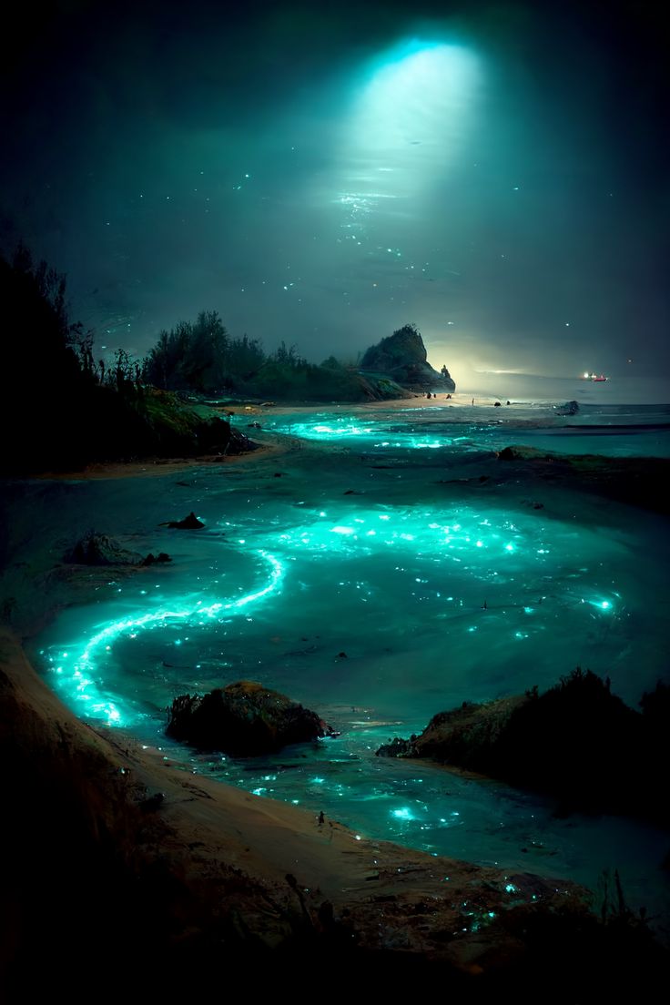 the water is glowing green and it looks like they are floating in the ocean at night