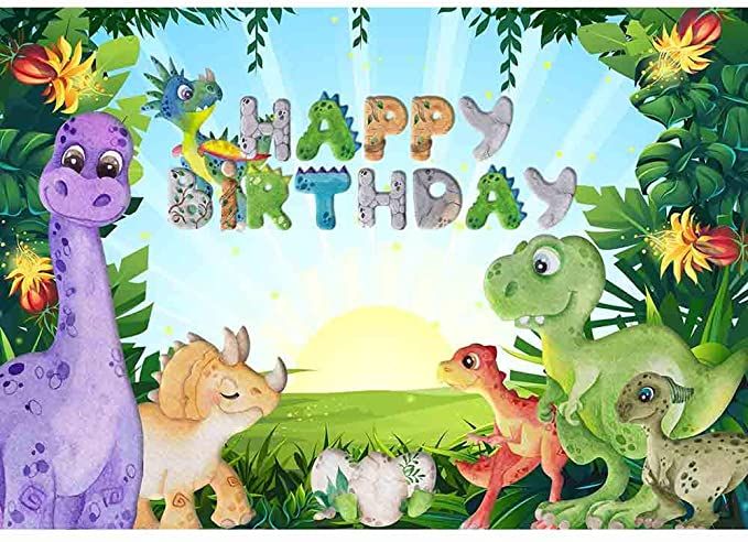 happy birthday card with dinosaurs and flowers
