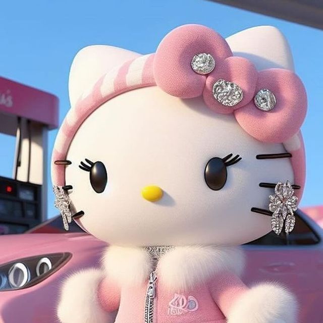 a hello kitty doll is standing in front of a pink car with diamonds on its ears