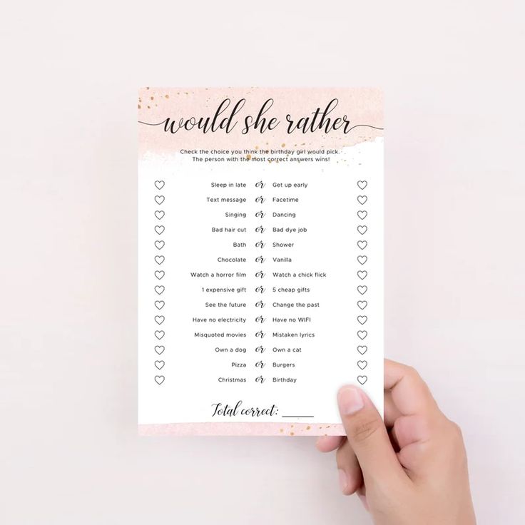 a hand holding up a pink and black printable wedding game with the words, would she rather?