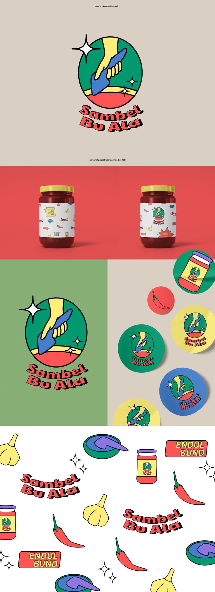 things I want to point out about the brand identity, such as homemade sambel, and "spesial sambel bawang". 

the logo illustrated "muntu" which is the traditional home tool used to mashed the chili. and to highlight the "spesial sambel bawang" it's illustrated by garlic and chili for the illustration elements.

the colors are vibrant to follow the trend and more eye-catching for teenagers and young-adult.
the slogan "endul bund" also follows the trend of slang words which means extra lit. Logos, Logo Sambal Design, Sambal Packaging, Logo Sambal, Sambal Logo, Chili Logo, Chili Pasta, Packaging Illustration, Social Media Design Inspiration