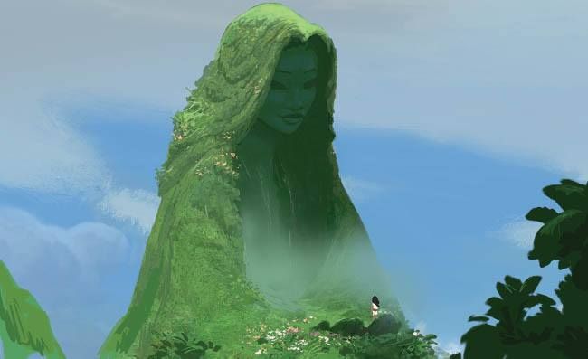 a digital painting of a woman's head in the middle of a green forest