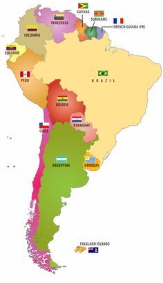 a map of south america with all the states and their flags on it's borders