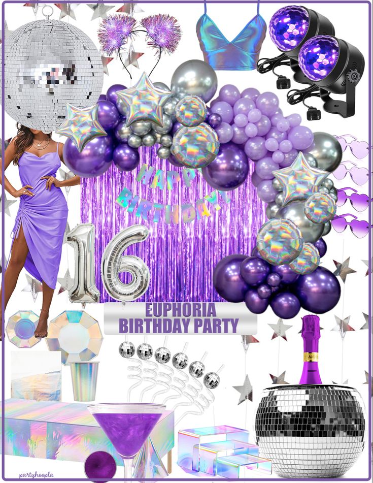 an image of a birthday party with balloons and disco ball decorations in purple, silver and white