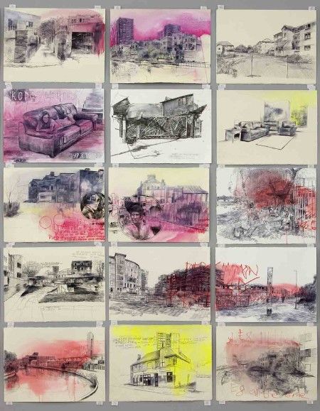 six different colored drawings on white paper with black and pink ink, each depicting buildings