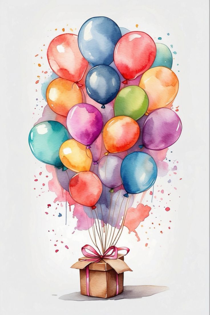 a painting of a gift box with balloons in the shape of a heart on it
