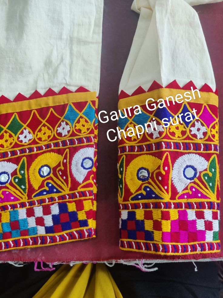 an image of colorful cloths on display in a shop window with the caption gaura ganesh chappi surat