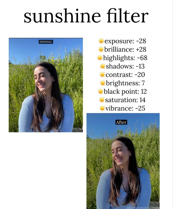 two pictures of a woman with long hair and the caption says sunshine filter exposure 28