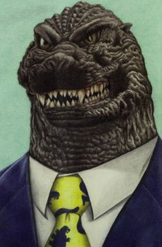 a drawing of a dinosaur wearing a suit and tie with his mouth wide open to the side