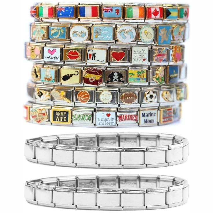 PRICES MAY VARY. High quality stainless steel Italian charm links Interchangeable and combinable with our entire line of Italian Charms as well as with all other major brands. Add to your existing charm bracelet or start a new one today. Interlocking charms (AKA links) hook to other charms using an internal spring. Two Italian Charm Starter Bracelets and 100 Assorted Italian Charms - 9mm Standard Size Jewelry. We use high quality stainless steel links to create our standard size 9mm charms which Italian Charm Bracelets, Italian Bracelet, Italian Charms, Marine Wife, Marine Mom, Baby Advice, Stacked Jewelry, Handmade Wire Jewelry, Grad Gifts