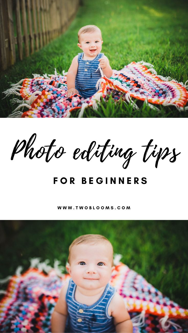 a baby sitting on a blanket with the words, photo editing tips for beginners